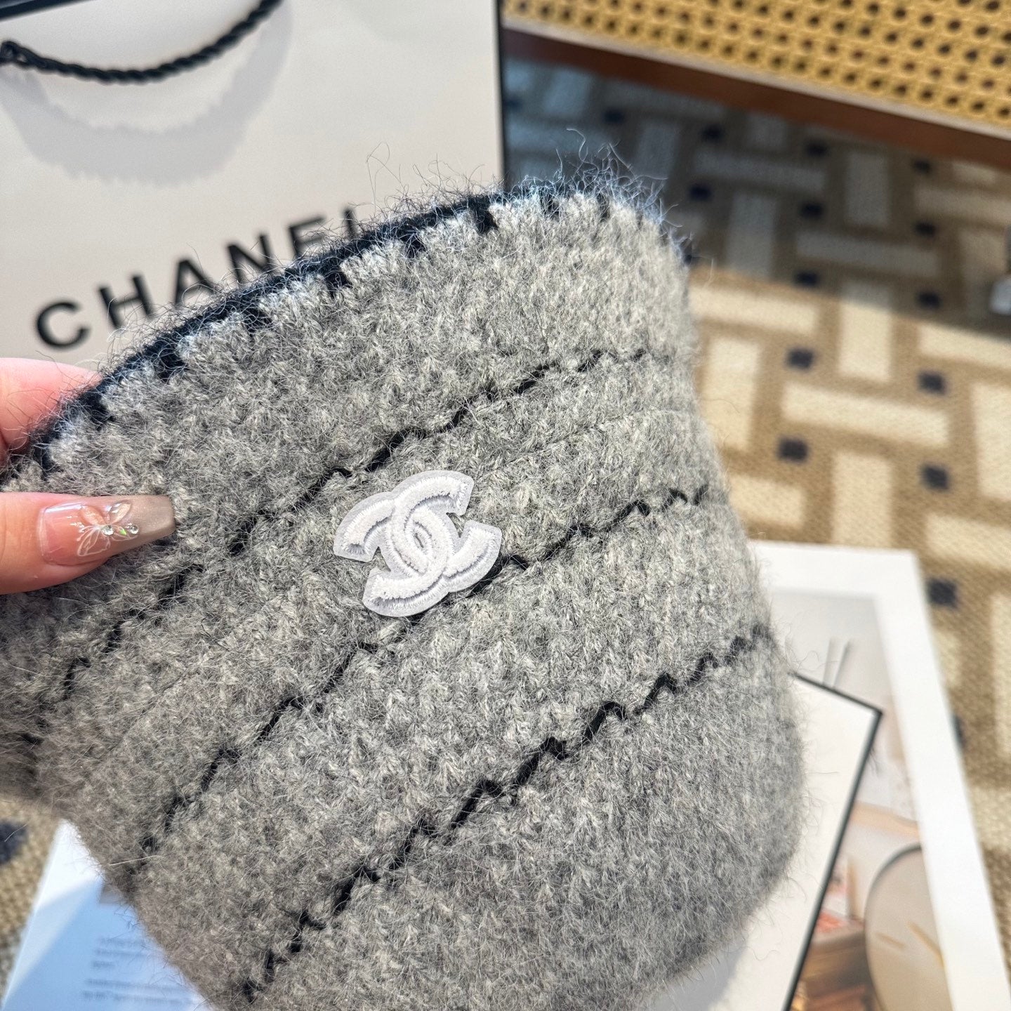 Chanel New Autumn/Winter Wool Blend Knit Bucket Grey Hat 960029