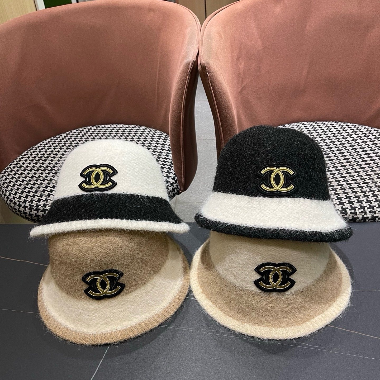Chanel Women's Plush Bucket Black mix White Hat 980037