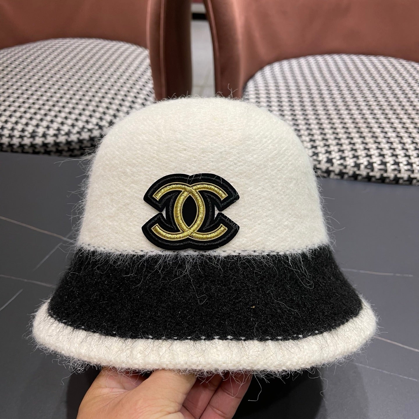 Chanel Women's Plush Bucket White mix Black Hat 980039