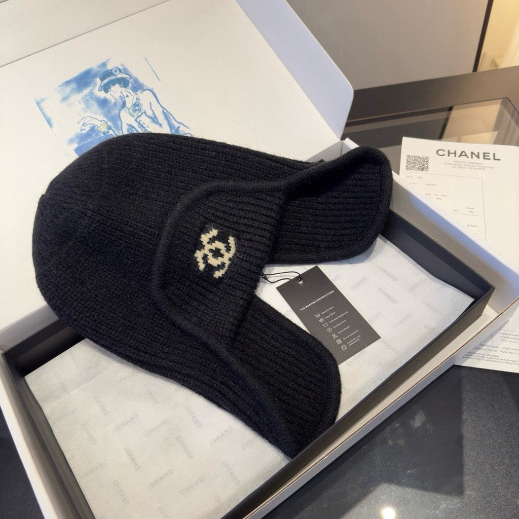 Chanel Knitted Beanie Earflap Cap Black Fibrous 980283