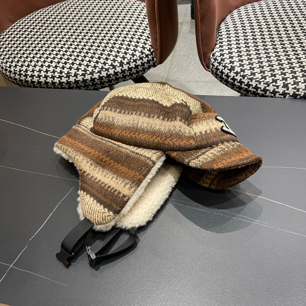 Chanel Winter Earflap Beige Brown Fleece Hat 980019