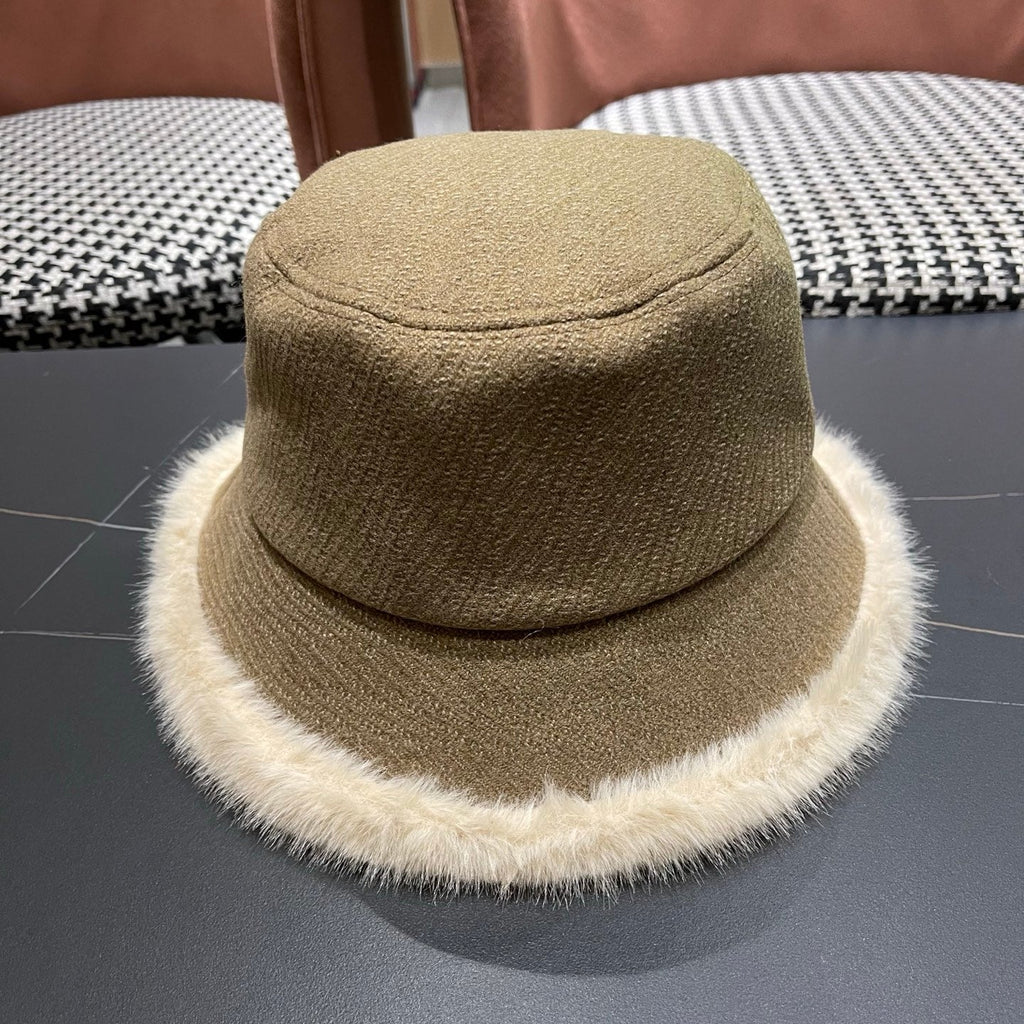 Chanel Korean Style Bucket Hat Khaki Plush Fleece 979919