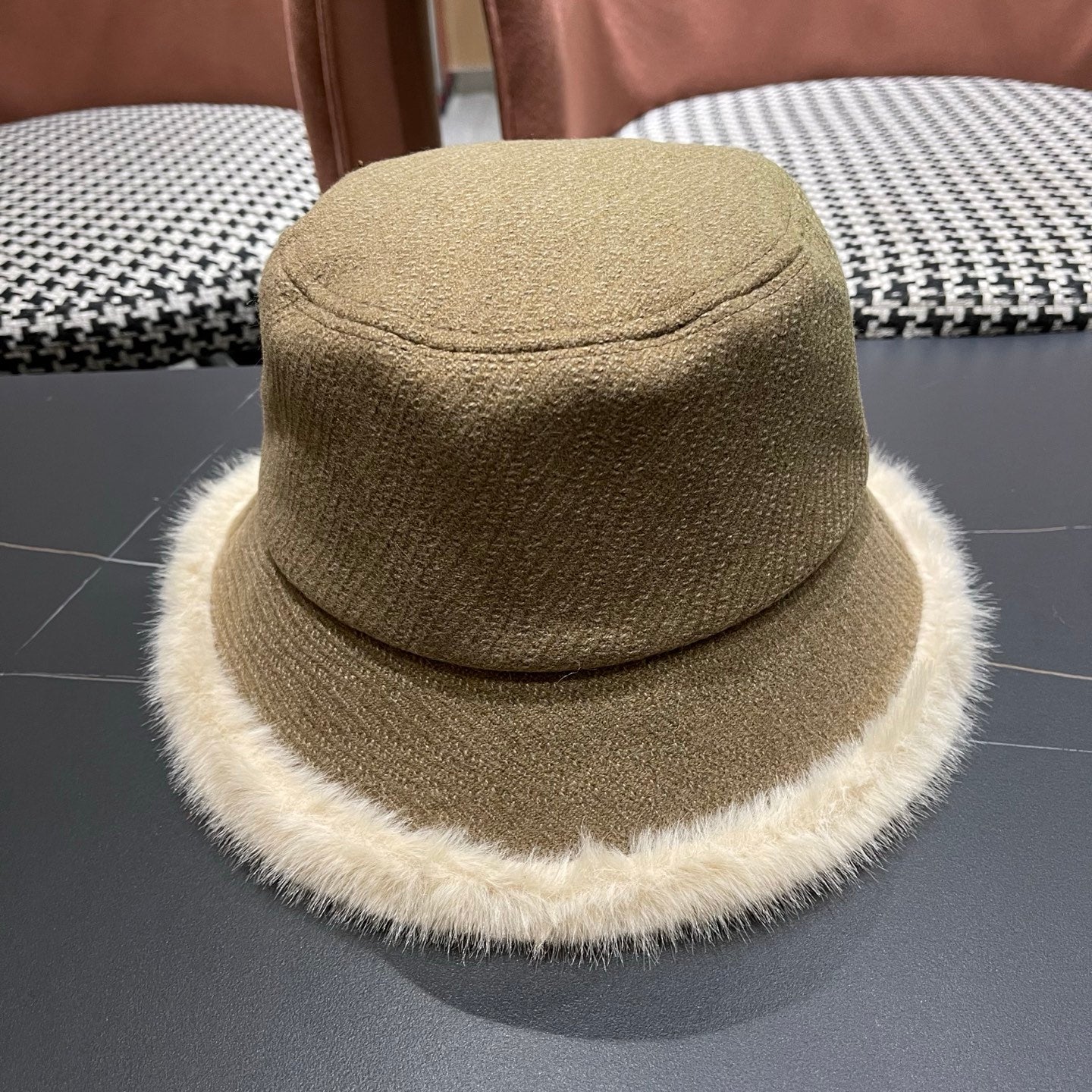 Chanel Korean Style Bucket Hat Khaki Plush Fleece 979919