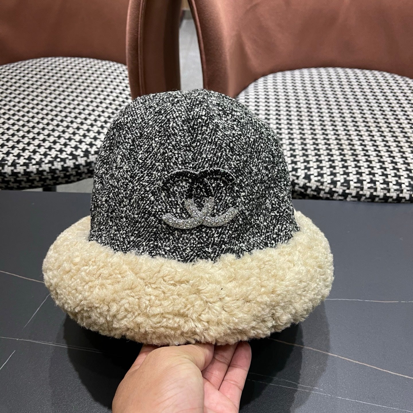 Chanel Womens Gray Plush Bucket Hat 979884