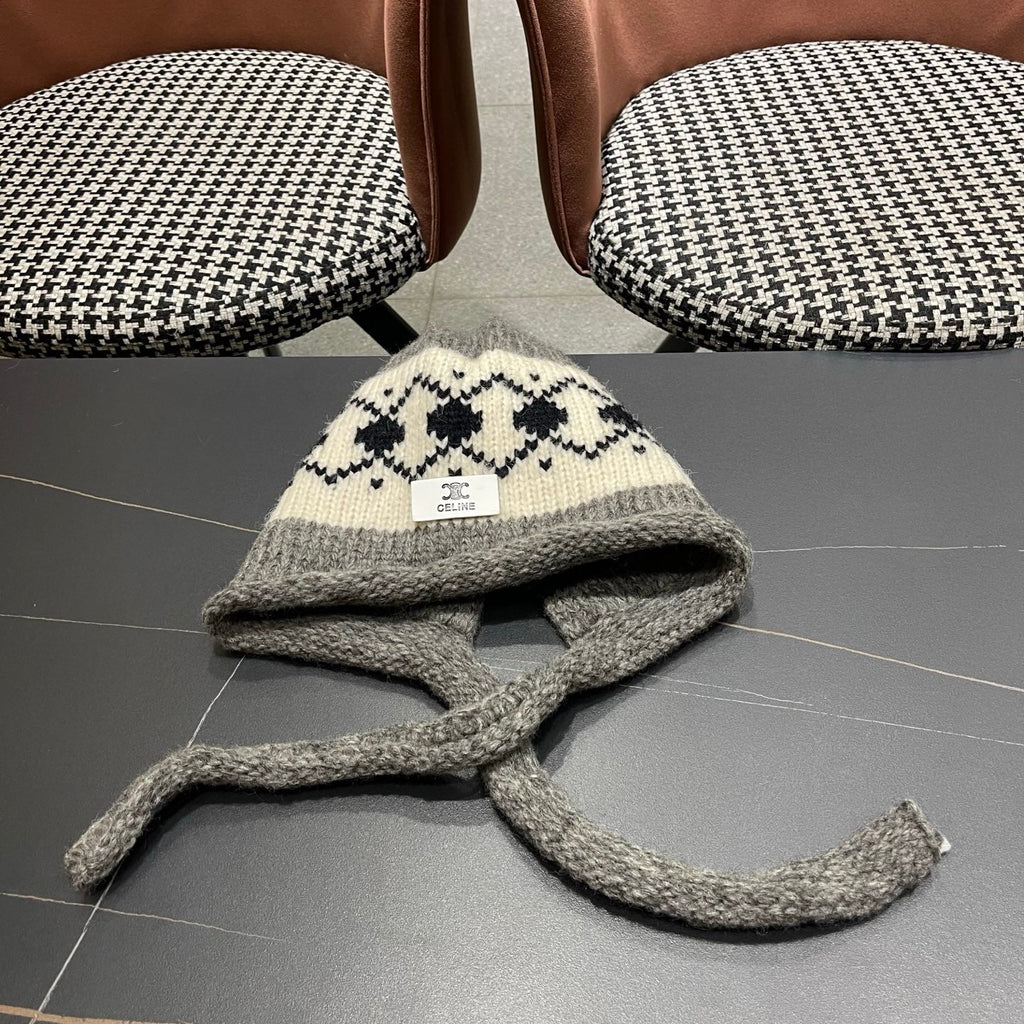 Celine 25 Fair Isle Gray Knitted Tie-Wrap Wool Hat 980013
