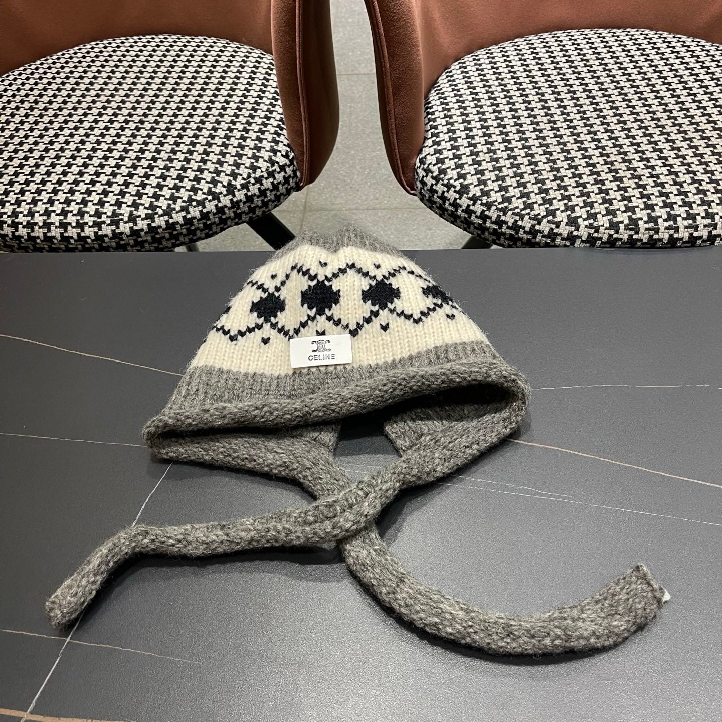 Celine 25 Fair Isle Gray Knitted Tie-Wrap Wool Hat 980013