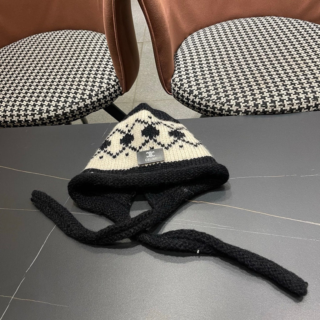 Celine 25 Fair Isle Black Knitted Tie-Wrap Wool Hat 980014
