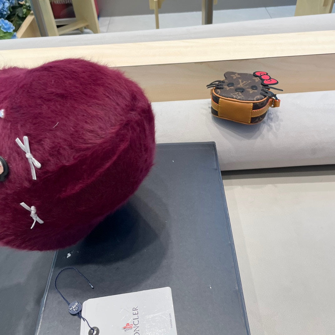 Moncler Cute Bunny Fur Heart Pearl Fisherman's Hat in Burgundy 980324
