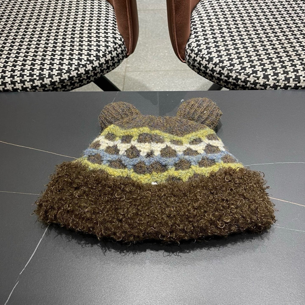 Prada 25 Cute Bear Ears Hat Dark Brown Multicolor Knitted Woolen Fabric 125502