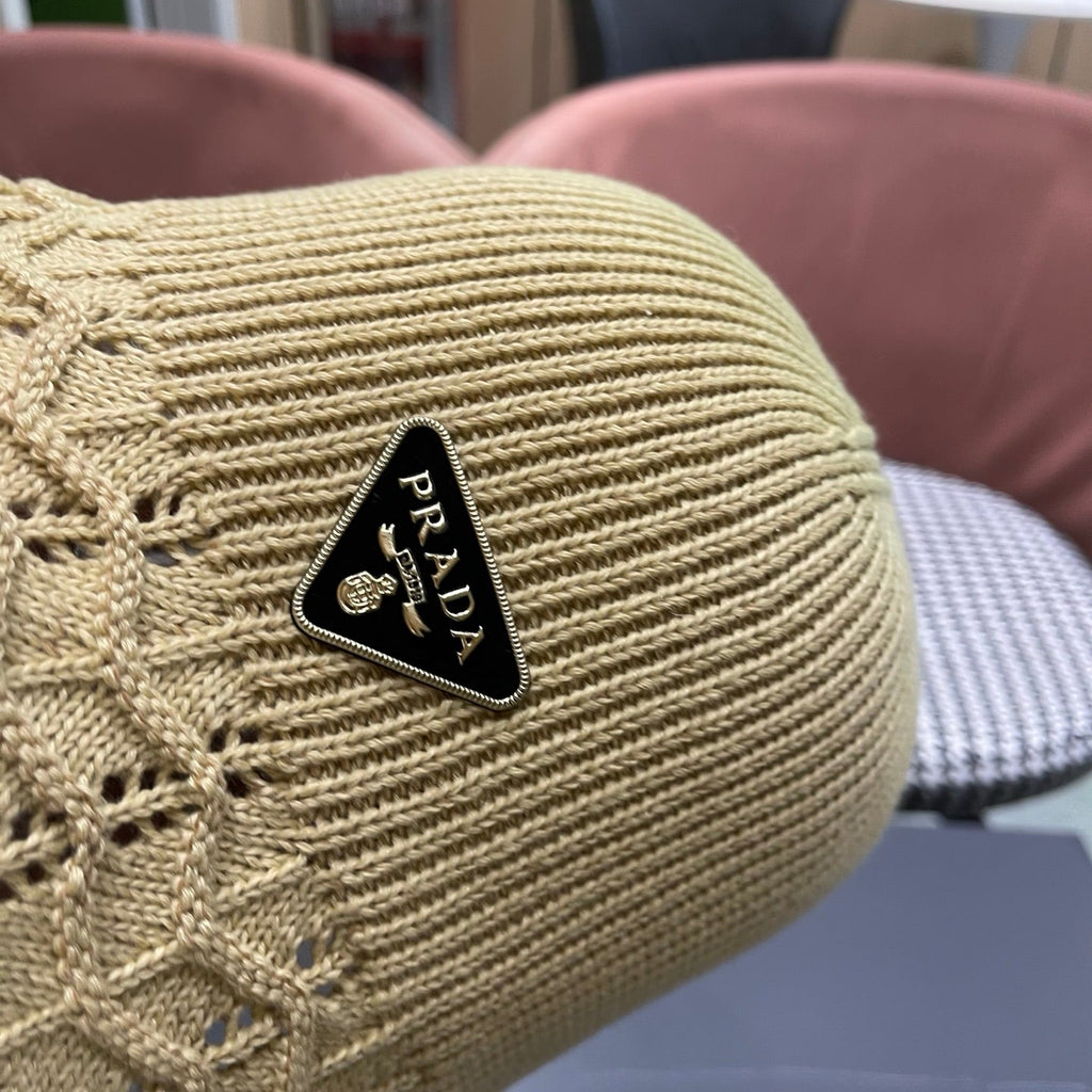 Prada Japanese Style Hollowed-out Bucket Hat Light Beige Knitted Woolen Fabric 123254