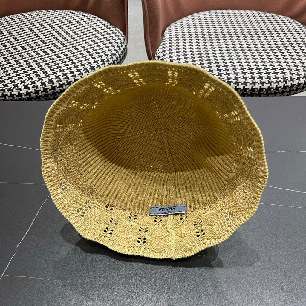 Prada Japanese Style Hollowed-out Bucket Hat Light Beige Knitted Woolen Fabric 123254