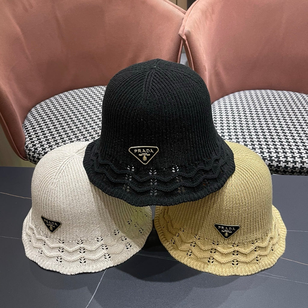 Prada Japanese Style Hollowed-out Bucket Hat Black Knitted Woolen Fabric 123253