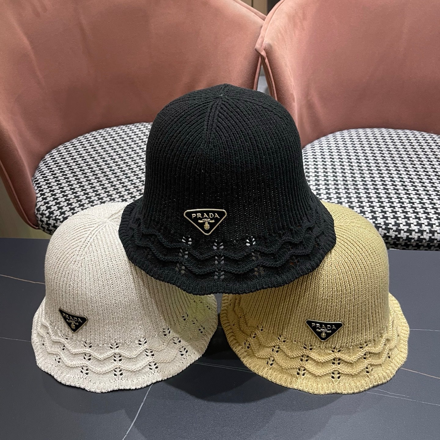 Prada Japanese Style Hollowed-out Bucket Hat Black Knitted Woolen Fabric 123253