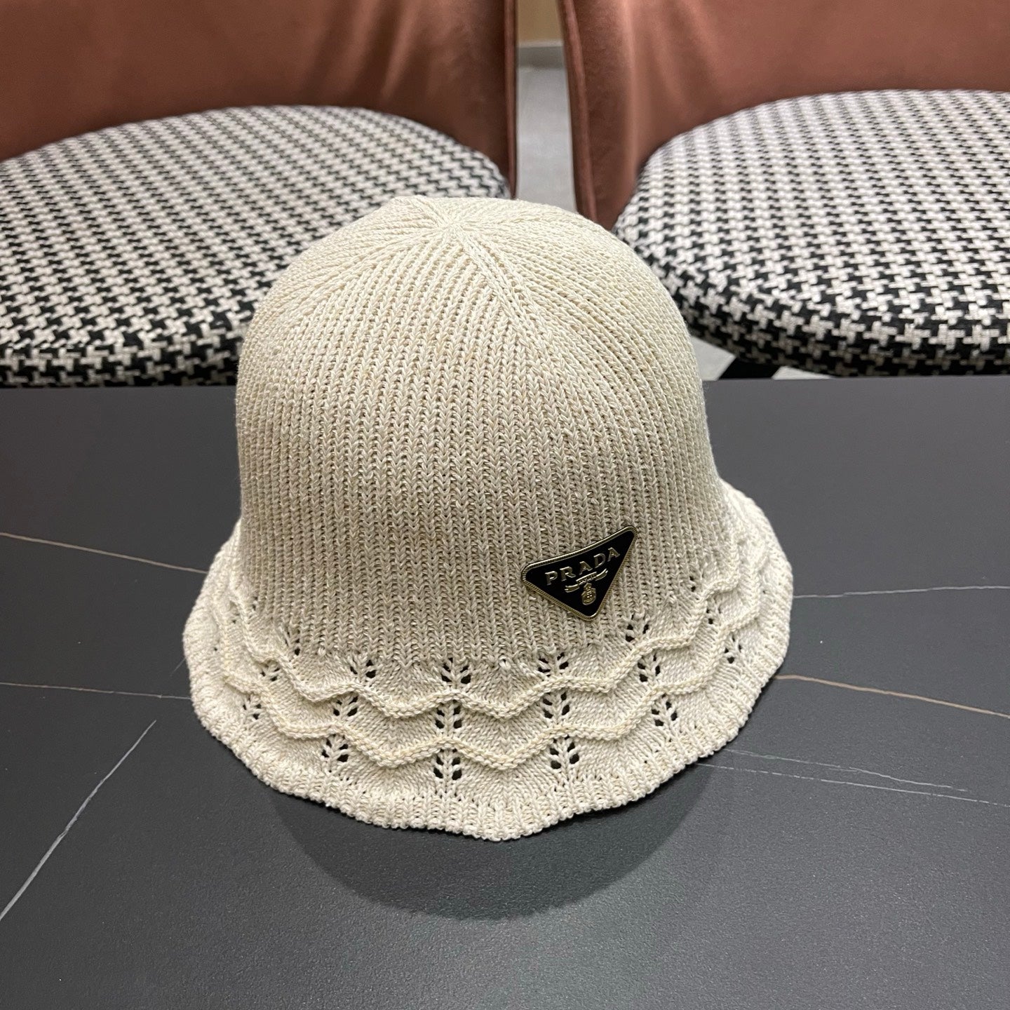 Prada Japanese Style Hollowed-out Bucket Hat White Knitted Woolen Fabric 123252