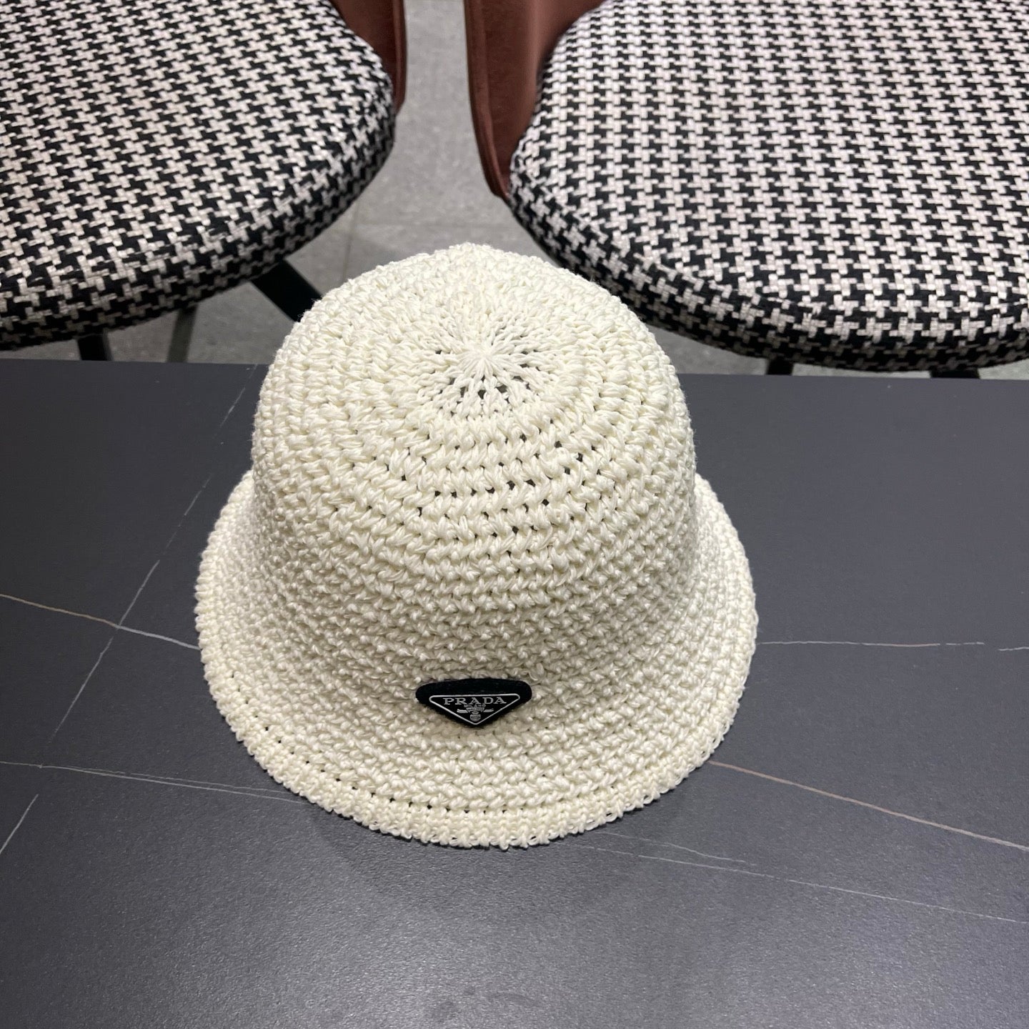 Prada 26 Prada Straw Hat White Knitted Woolen Fabric 123230