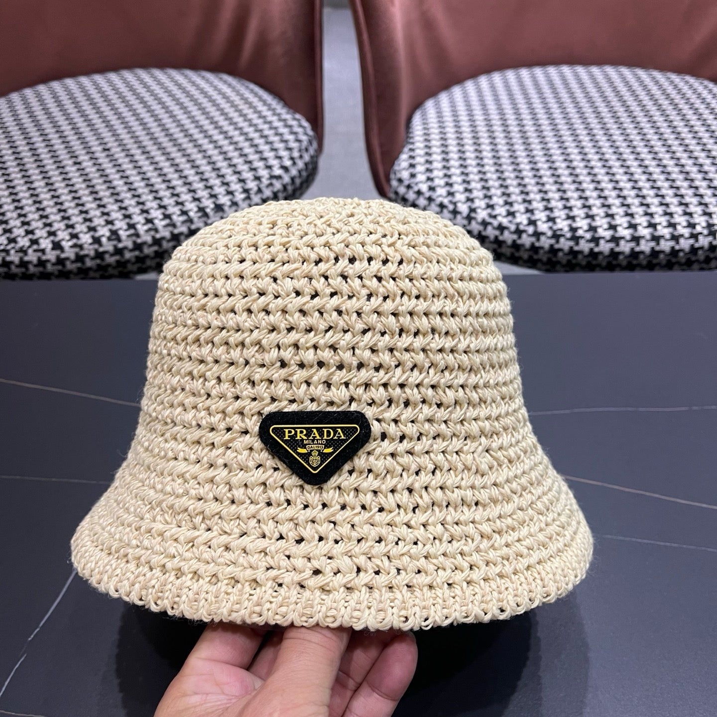 Prada 26 Prada Straw Hat Cream Knitted Woolen Fabric 123227