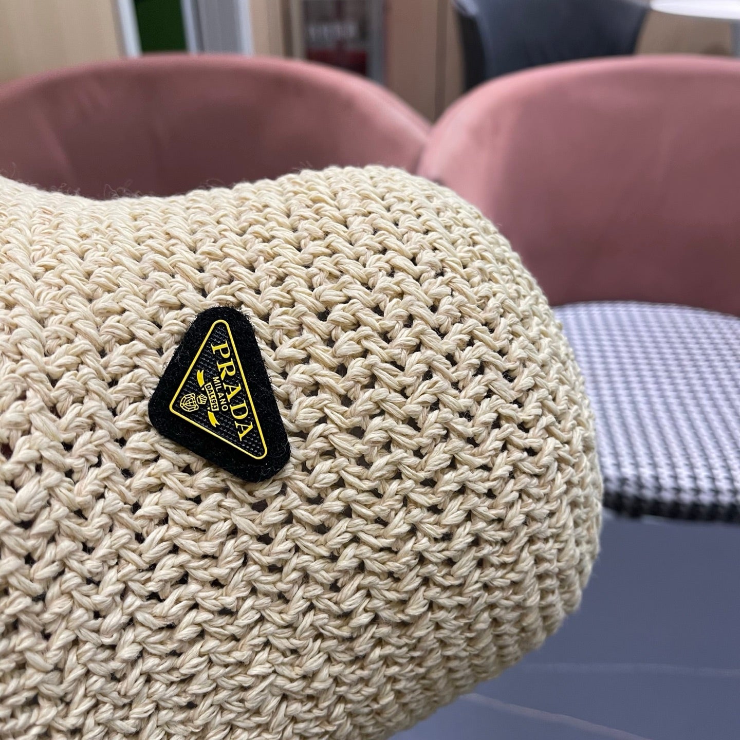 Prada 26 Prada Straw Hat Cream Knitted Woolen Fabric 123227