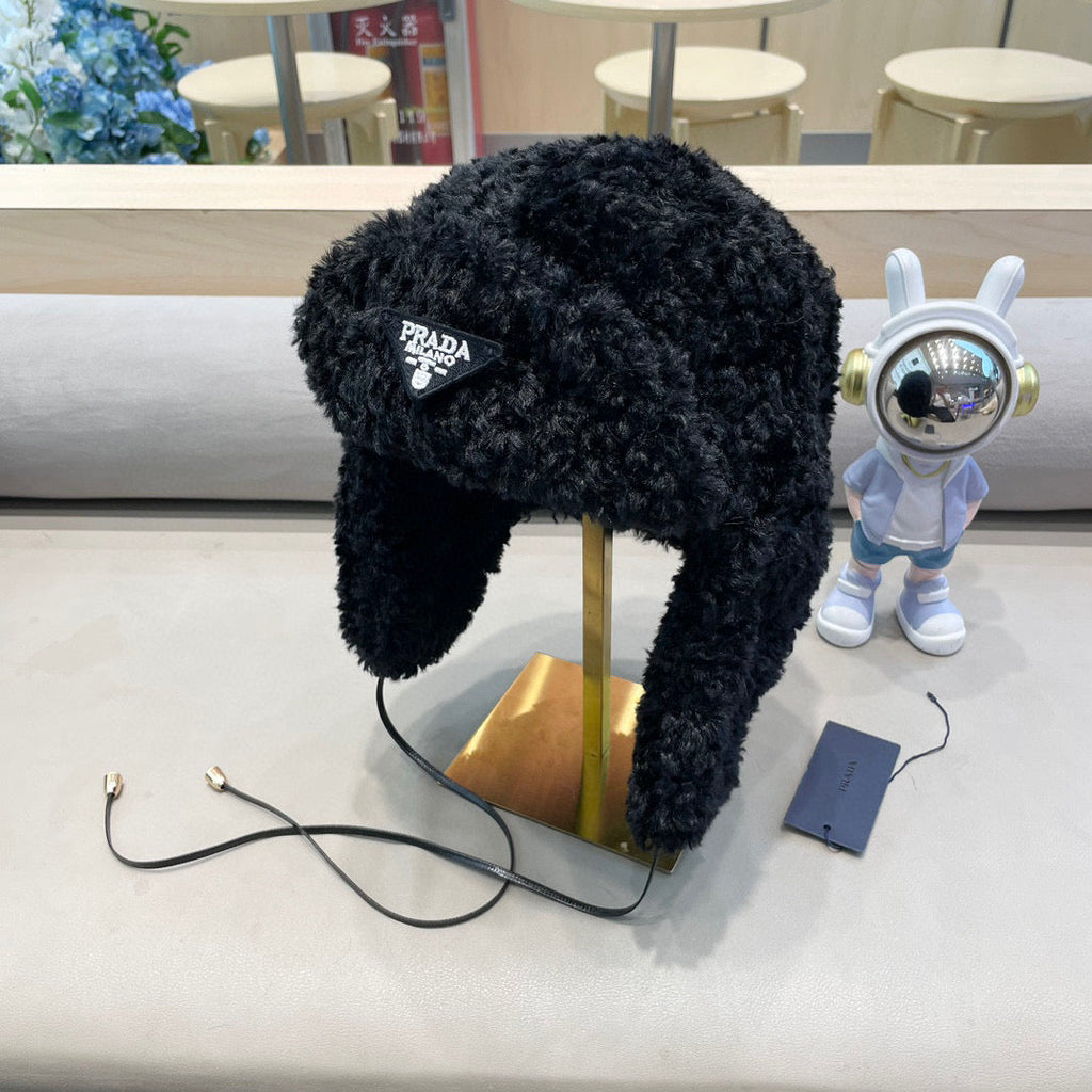Prada Earflap Hat Black Lambswool 122340