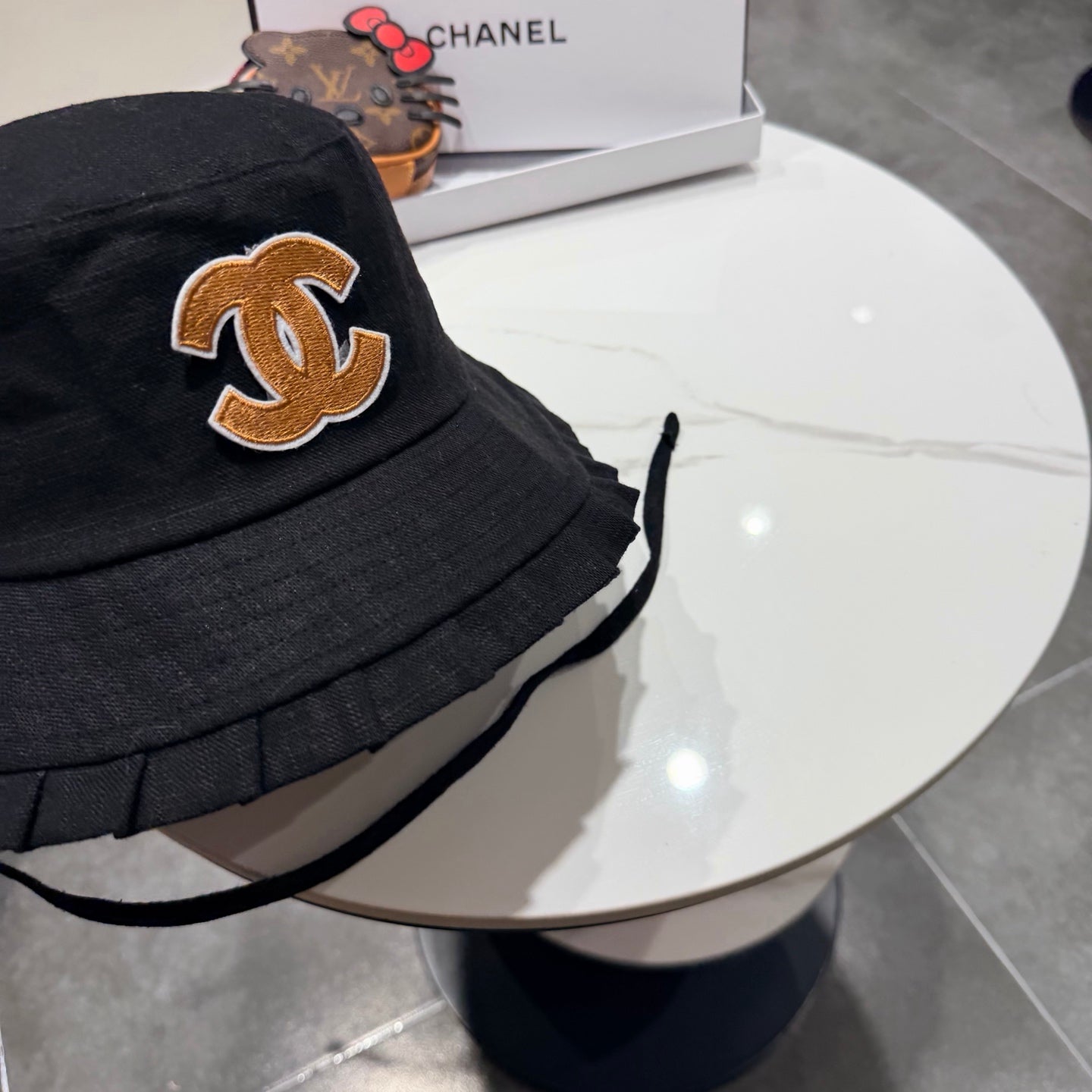 Chanel Japanese Style Strappy Bucket Hat Black in Linen 192309