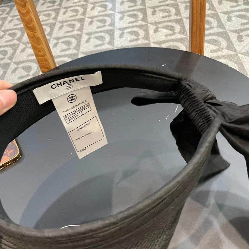 Chanel Bow Organza Open Visor Black Straw Hat 197911