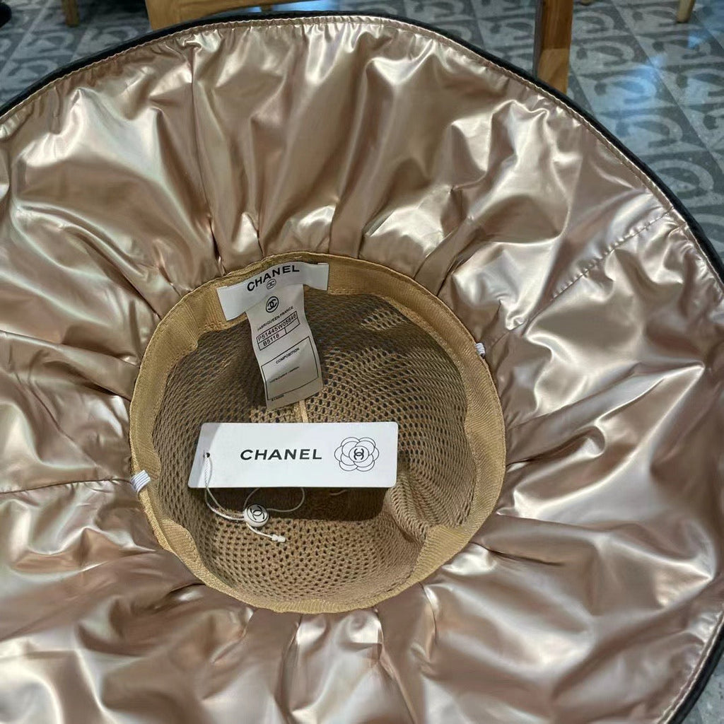Chanel Wide-brimmed Bow Sun Hat Beige in Fabric Patchwork Mesh 197785