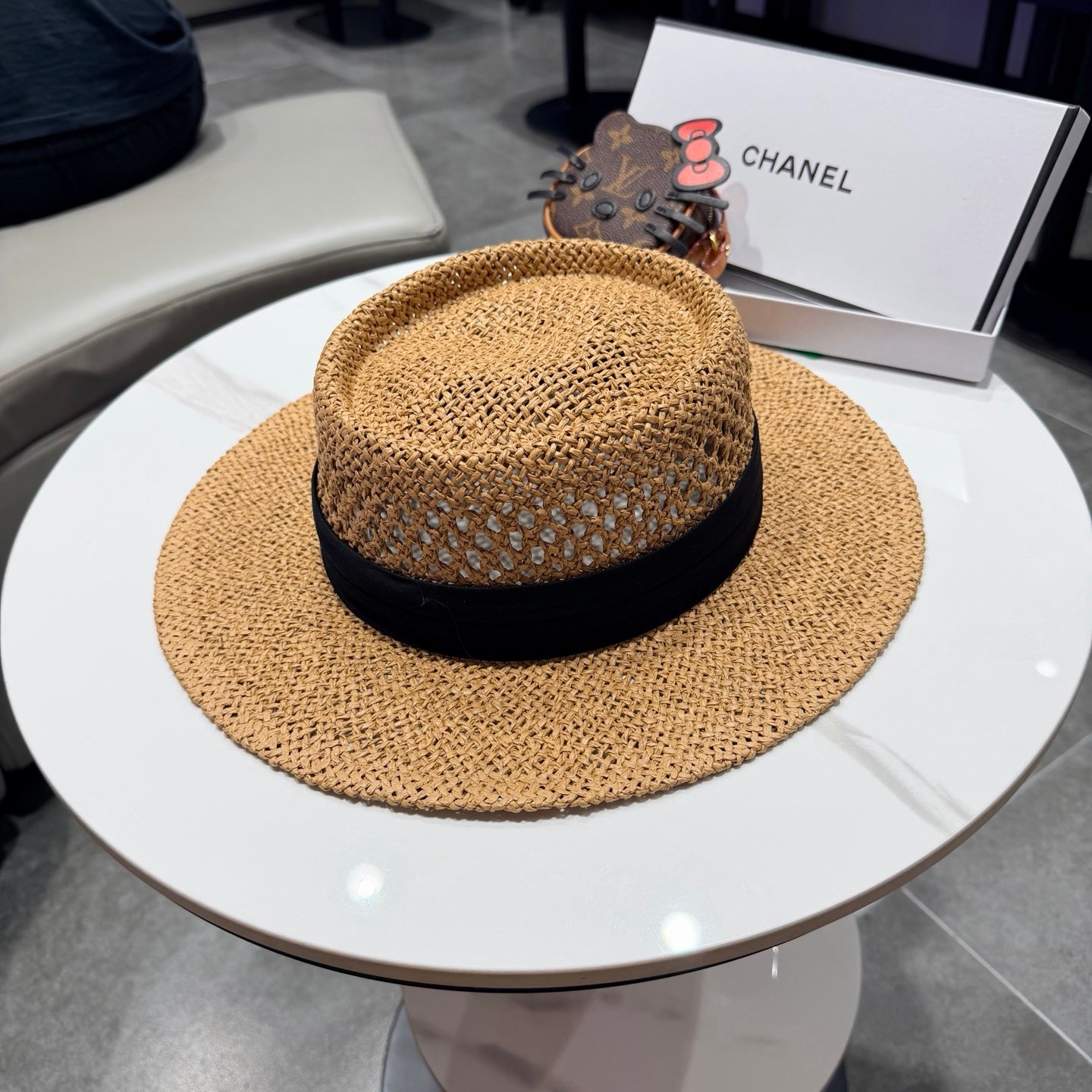 Chanel French Flat Top Hat Camel Black in Straw 201566