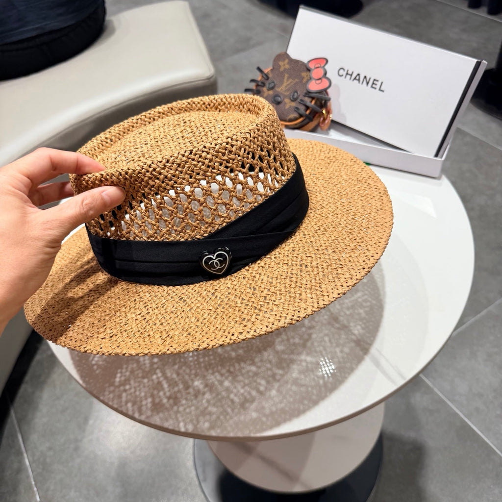 Chanel French Flat Top Hat Camel Black in Straw 201566