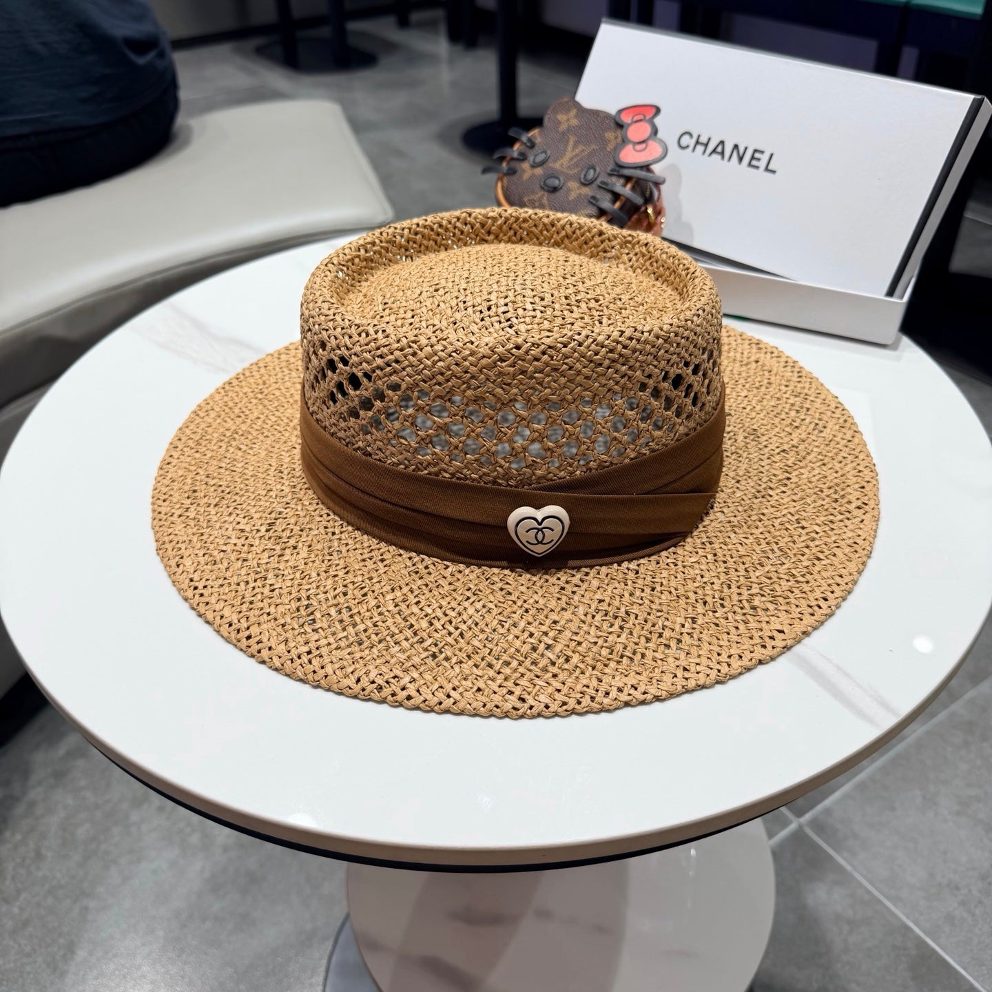 Chanel French Flat Top Hat Camel Brown in Straw 201565