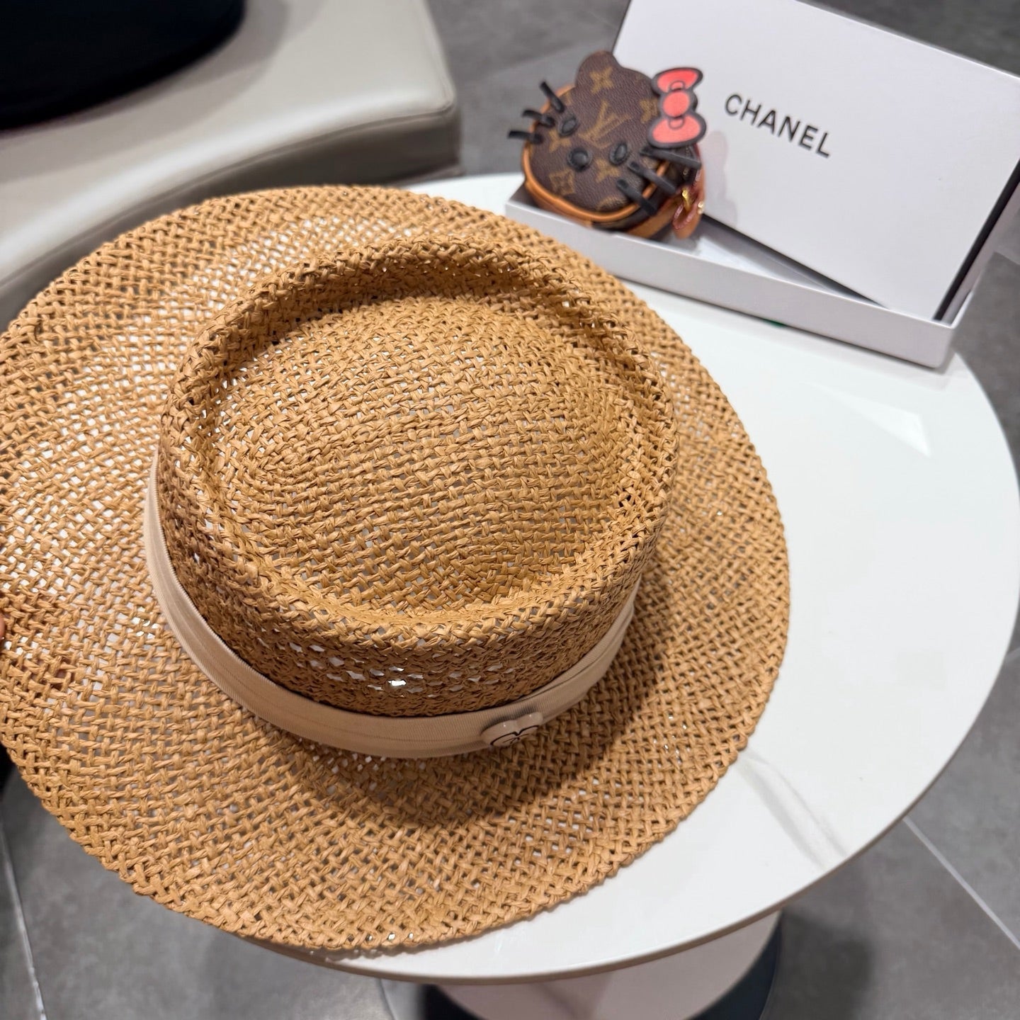 Chanel French Flat Top Hat Camel White in Straw 201564