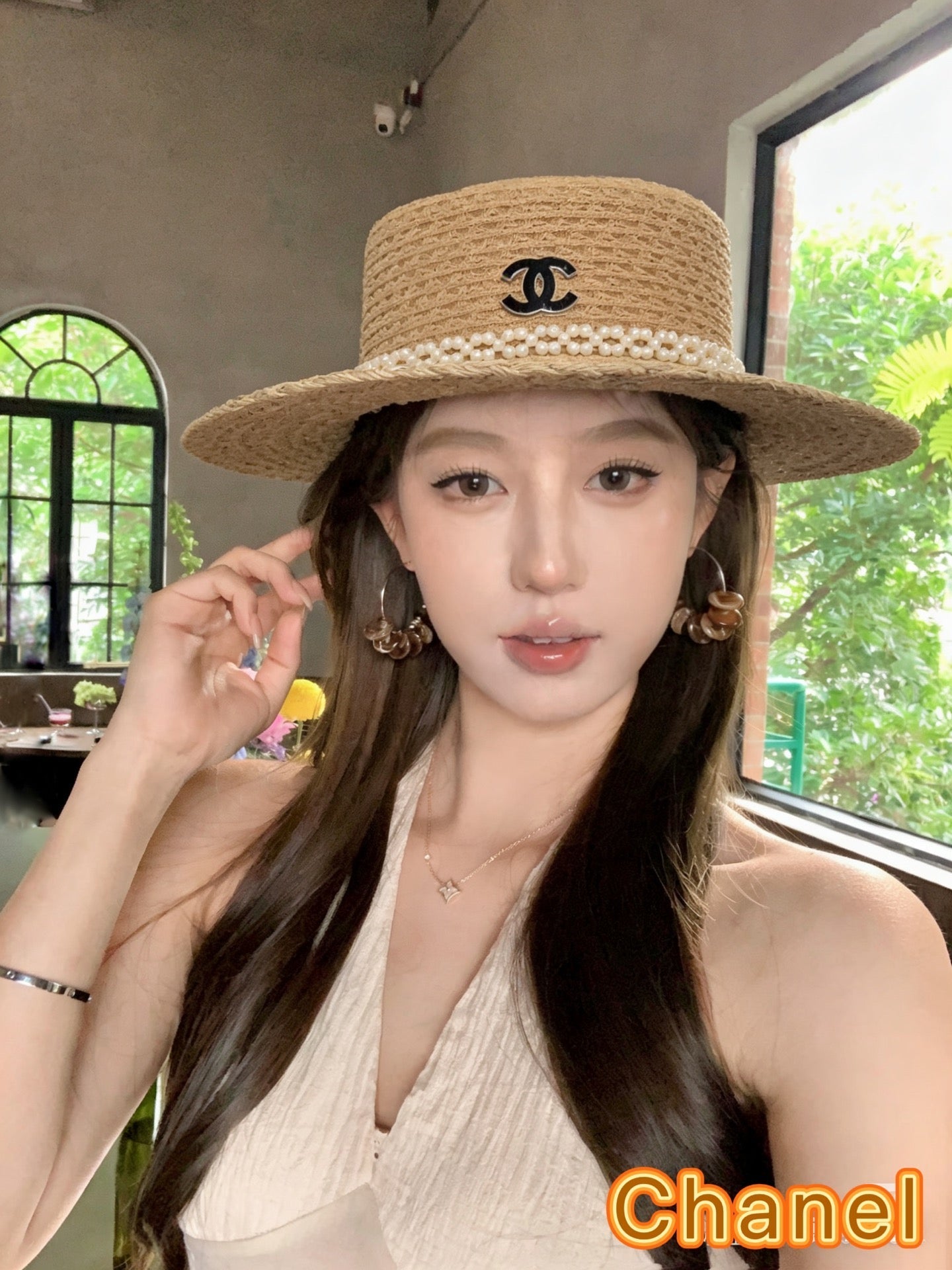 Chanel French Hat Elegant Pearl Camel in Straw 201562