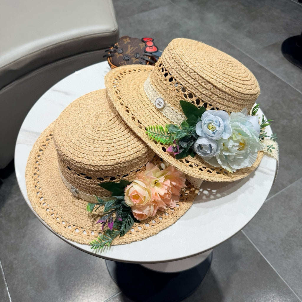 Chanel French-style 3D Floral Openwork Woven Beige Pink Straw Hat 201518