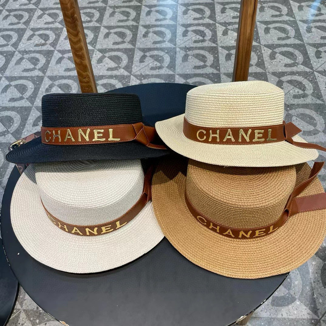 Chanel Woven Hat with Leather Strap Beige in Cotton 205613