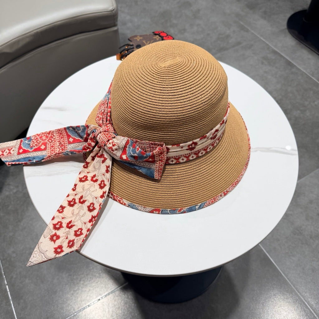 Chanel Hat with Ribbon bow Camel in Straw 205601
