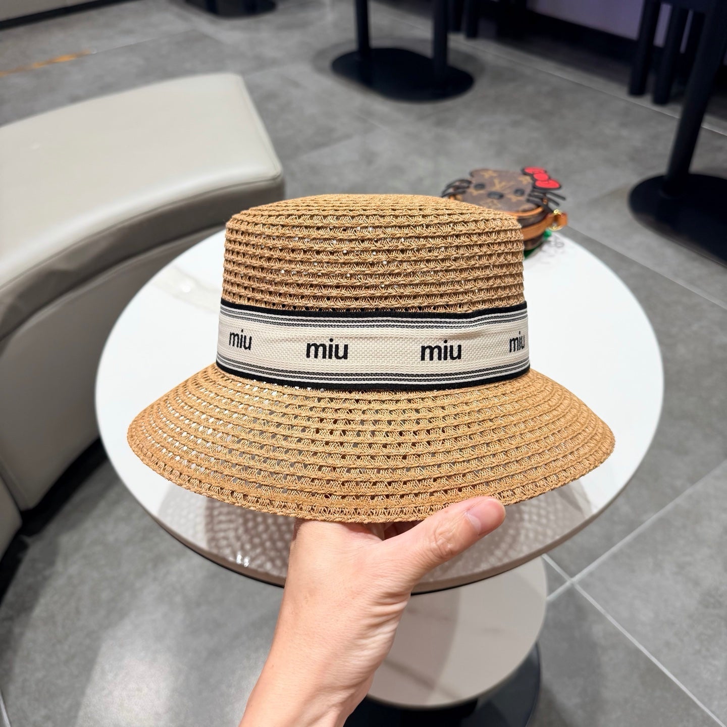 Miumiu Bucket Hat Camel Beige in Straw 205585