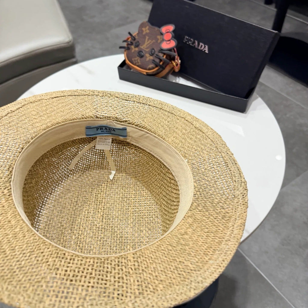 Prada Straw Woven Flat-top Hat 219138