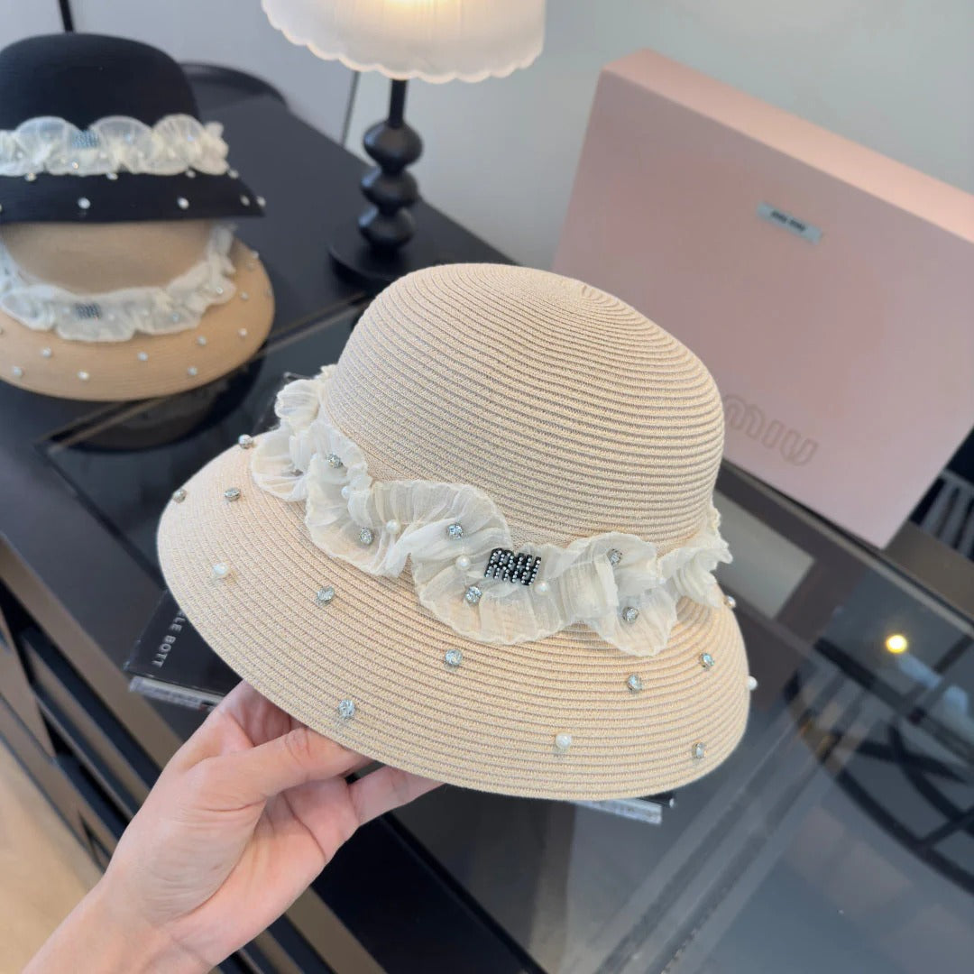 Miu Straw Hat With Lace And Rhinestone 278290