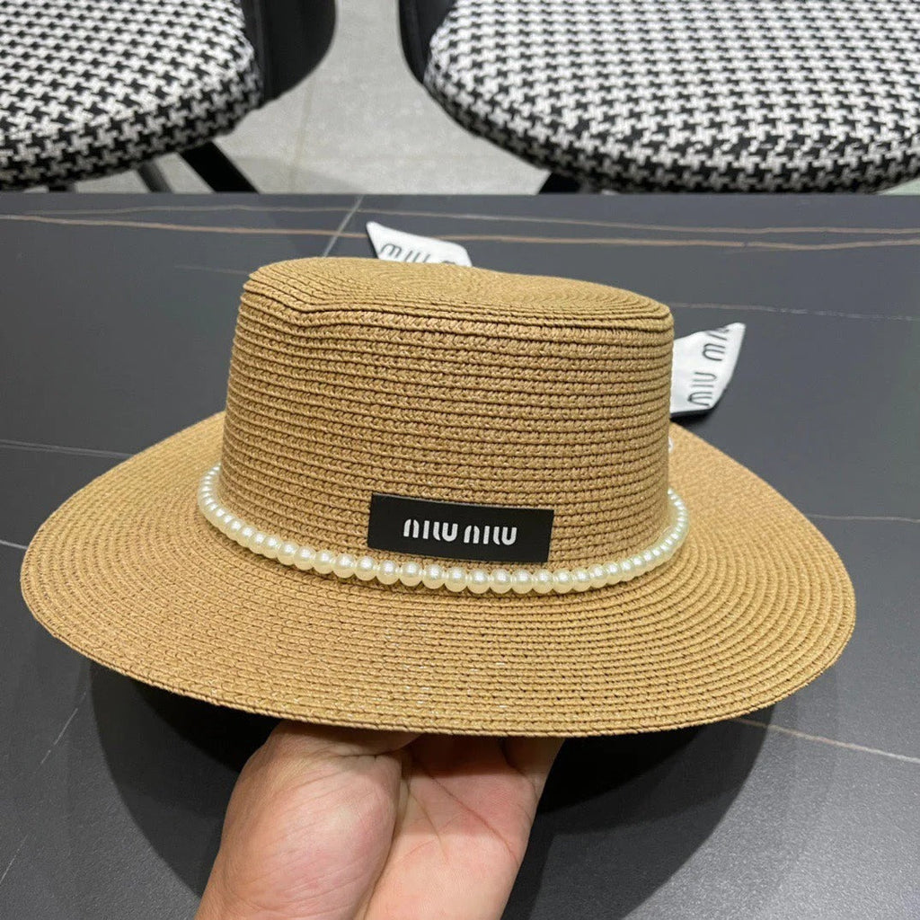 MM SMALL-BRIM STRAW HAT IN BEIGE AND PEARL EMBELLISHED